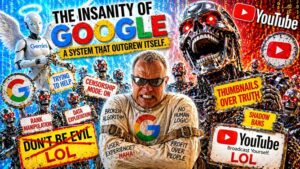 Laughing Terminator-style AI robot representing Gemini vs YouTube vs Google system and the insanity of algorithm control.