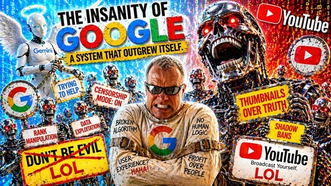 Laughing Terminator-style AI robot representing Gemini vs YouTube vs Google system and the insanity of algorithm control.