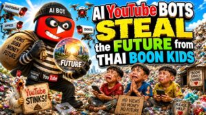 AI YouTube Bots steal from Thai Boon Kids in a dramatic satirical thumbnail showing crying children, a robber-style YouTube bot, garbage fields, phones, and chaotic algorithm suppression humor.