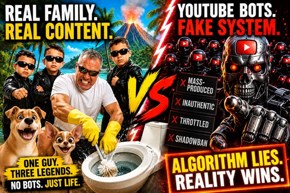 A dramatic cinematic thumbnail showing Bas Boon, the Boon Boys and giant red-eyed YouTube bots facing off in an intense humans-versus-algorithms battle filled with glowing binary code and action-movie energy.