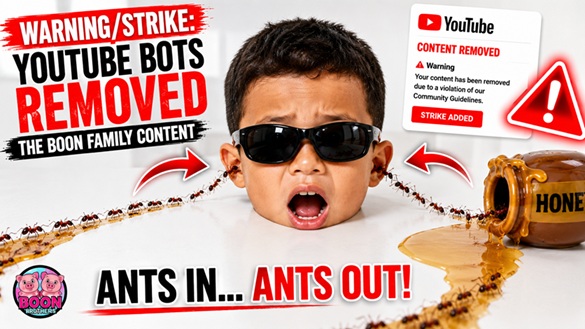 Ken Boon from the Boon Brothers in a fictional AI-generated ant prank video where ants appear to crawl into one ear and out the other, later triggering YouTube Bots and a Warning/Strike.