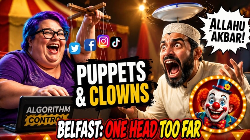 Satirical Belfast-themed thumbnail featuring the phrase "One Head Too Far" alongside political commentary, media criticism, and public debate over immigration, censorship, and AI Algorithms.