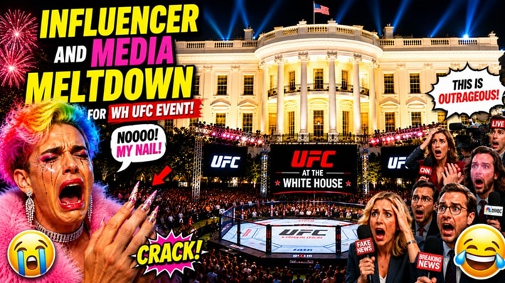 Humorous WH UFC Event thumbnail showing media commentators, activists, and critics reacting dramatically while the White House UFC Event proceeds successfully in the background.